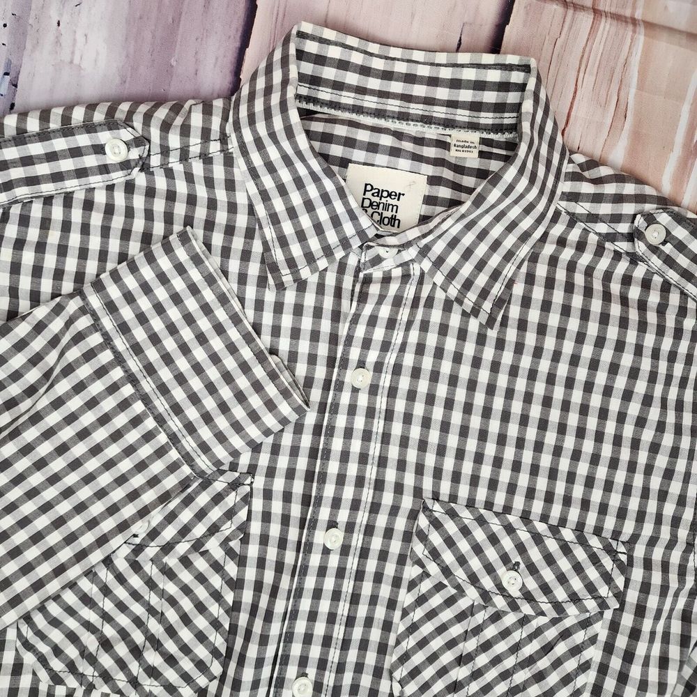 Paper Denim & Cloth Mens Size M Gray Button Up‎ Gingham Long Sleeve Roll Sleeve